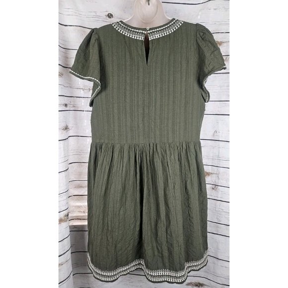 LOFT Olive Green Gauze Embroidered Dress L Boho Flutter Sleeve Shift Cotton - Picture 4 of 6
